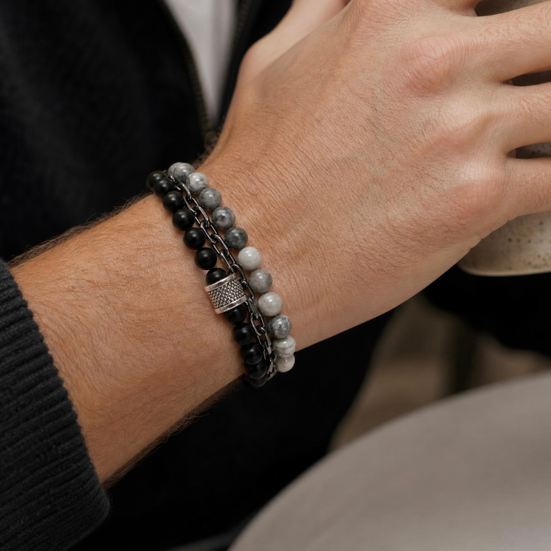 Bracelet homme onyx noir & howlite  pierre naturelle chaîne acier