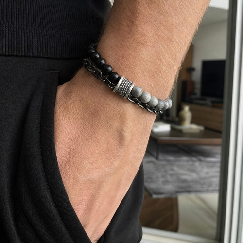 Bracelet homme onyx noir & howlite  pierre naturelle chaîne acier