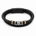 Bracelet Homme  Élite  en Cuir Tressé Noir, Perles Acier et Or