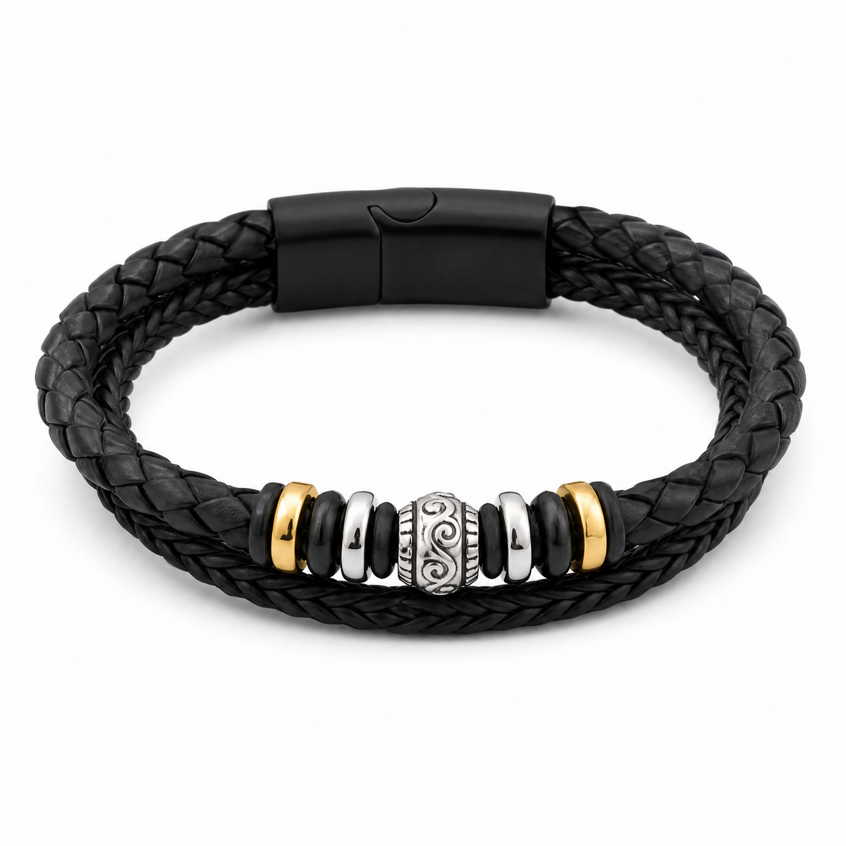 Bracelet Homme  Élite  en Cuir Tressé Noir, Perles Acier et Or