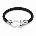 Bracelet Femme Manille en Cuir Tressé Noir – Bijou Style Marin Chic Acier Argenté