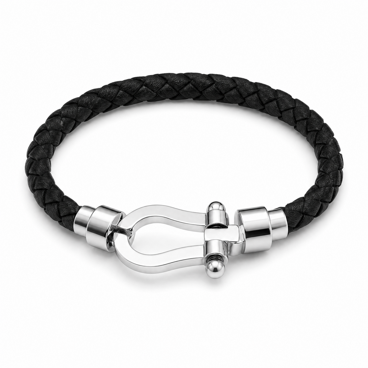 Bracelet Femme Manille en Cuir Tressé Noir – Bijou Style Marin Chic Acier Argenté
